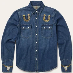 Embroidered Dark Denim Western Shirt-Stetson New